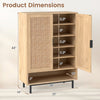 43-inch tall shoe cabinet with double doors, natural finish, featuring adjustable shelves and rattan decoration for.