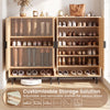 43-inch tall shoe cabinet with double doors, featuring adjustable shelves and rattan accents for stylish storage in.