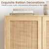 43-inch tall shoe cabinet with double doors, natural finish, featuring rattan decorations and adjustable shelves for.