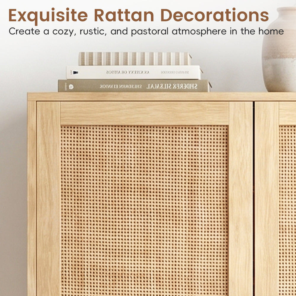 43-inch tall shoe cabinet with double doors, natural finish, featuring rattan decorations and adjustable shelves for.