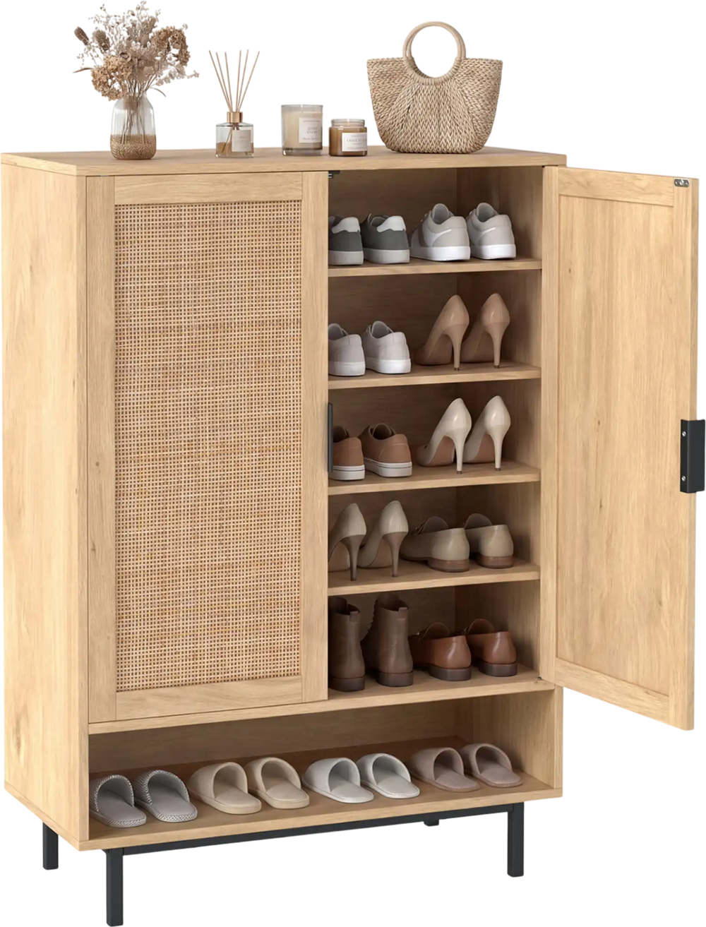 Tall 43-inch shoe cabinet with double doors, rattan decor, adjustable shelves, ideal for entryway storage.
