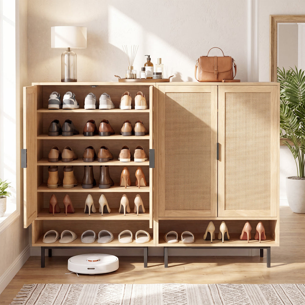 43-inch tall shoe cabinet with double doors, natural finish, featuring rattan accents and adjustable shelves for.