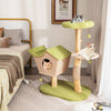 Wooden cat tree with green padded perch, cozy condo, and scratching posts, perfect for playful cats in stylish decor.