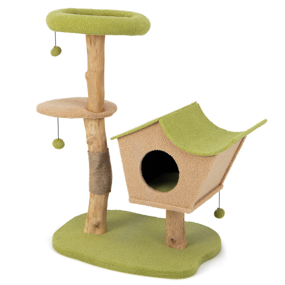 Wooden cat tree with padded perch, vented condo, and dangling balls for fun, perfect for cozy naps and scratching.