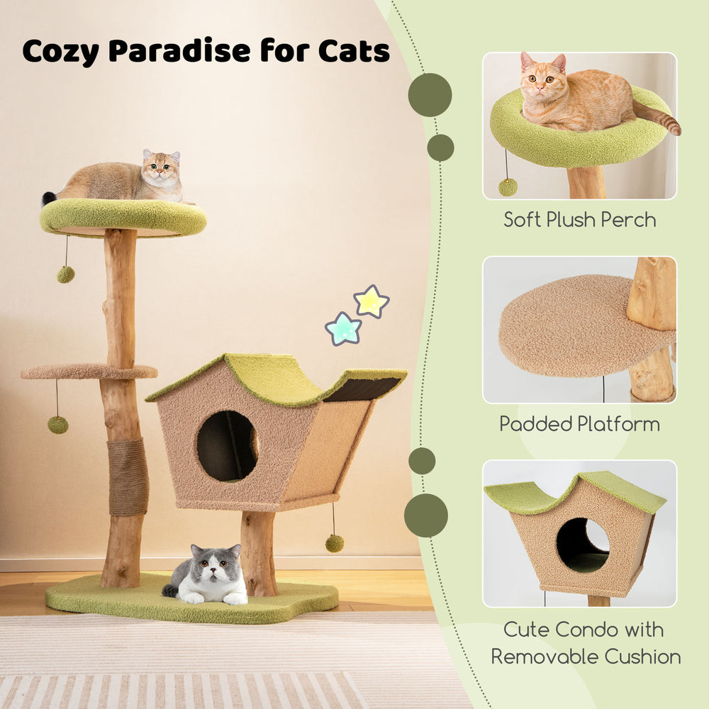 Wooden cat tree with padded top perch and condo, featuring soft plush surfaces and scratching posts for playful cats.