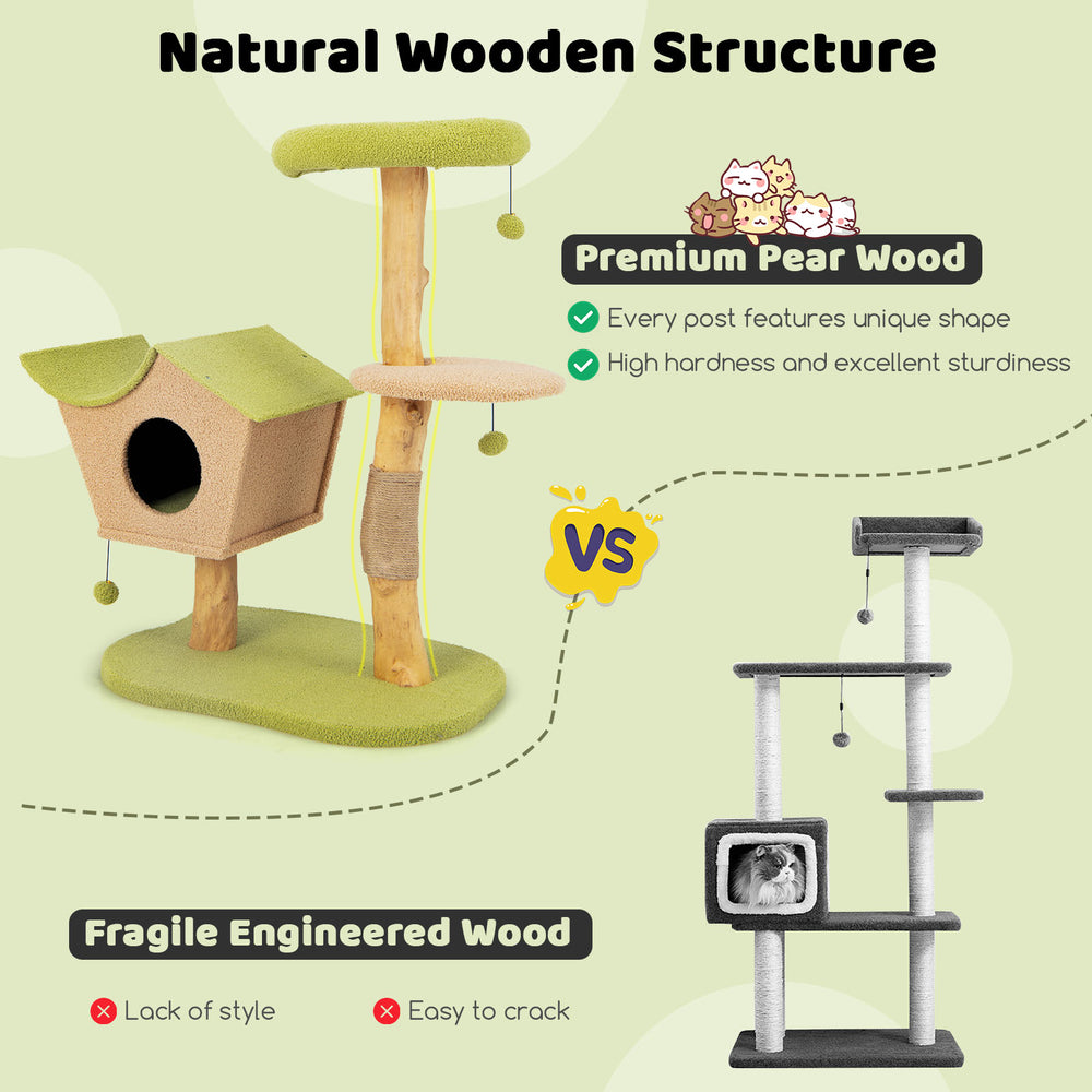 43-inch wooden cat tree in green with padded top perch, premium pear wood, and cozy condo for playful cats.