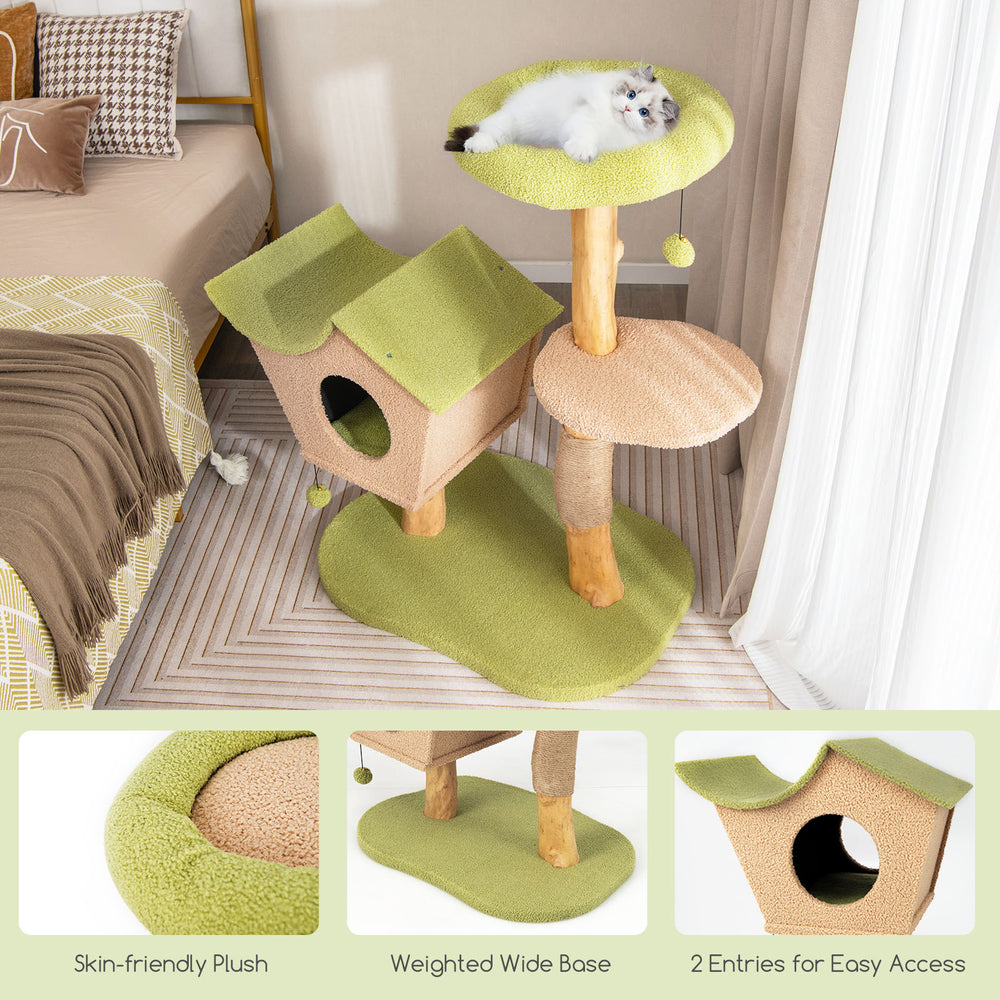 Wooden cat tree with padded top perch in green, featuring a cozy condo, scratching posts, and a stable base for playful.