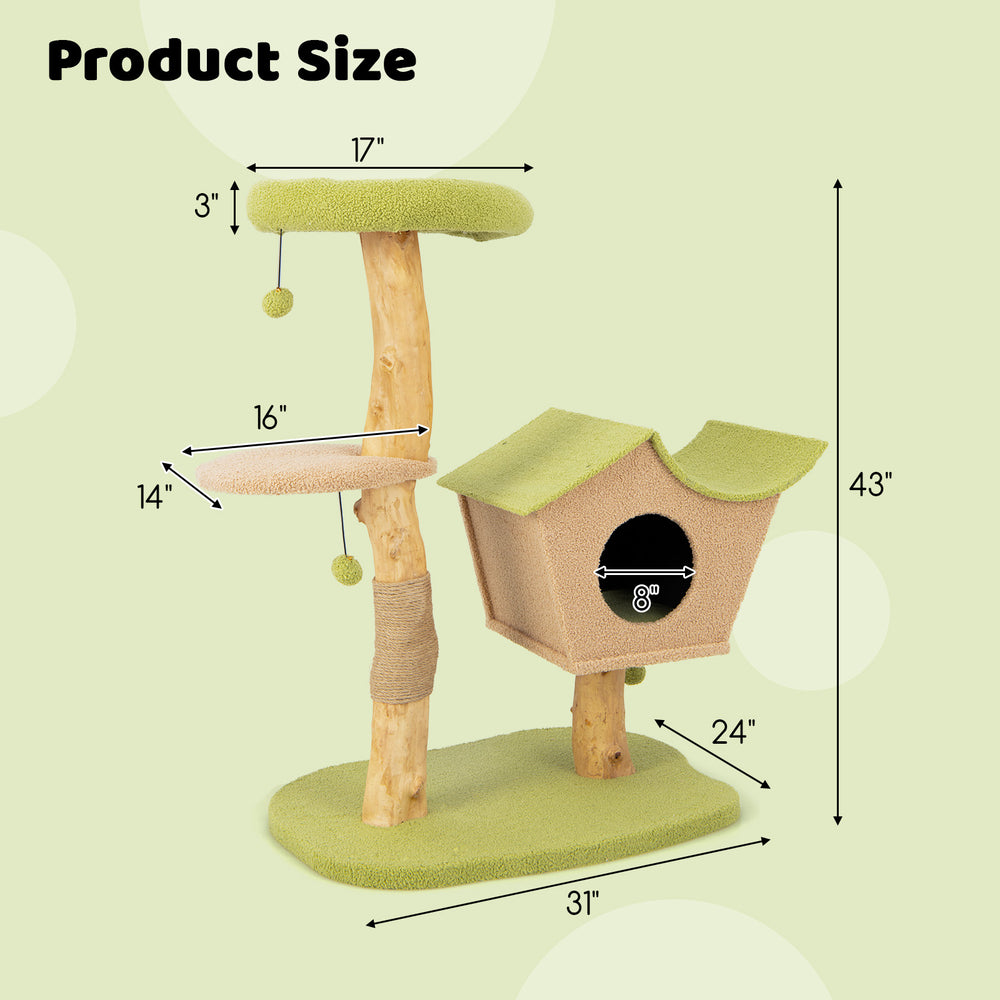 43-inch wooden cat tree with padded top perch, green, featuring a cozy condo, scratching posts, and dangling balls for.