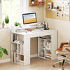 43-inch white computer desk with built-in power outlets and dual bookcases, ideal for organized workspace and charging.