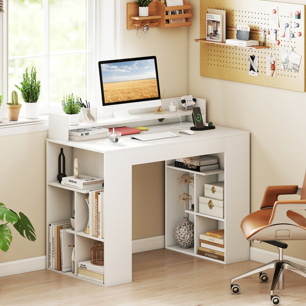 43-inch white computer desk with built-in power outlets and dual bookcases, ideal for organized workspace and charging.