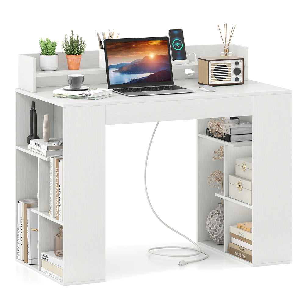 43-inch white computer desk with built-in power outlets, dual bookcases, and spacious tabletop for versatile use.