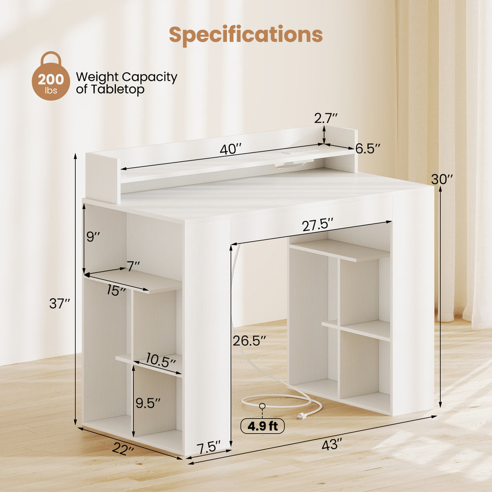 43-inch white computer desk with power outlets, dual bookcases, and spacious tabletop for organized workspace.