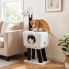 Lamb-shaped cat tower with rattan condo, featuring two doors and a plush cushion for indoor kittens' comfort and play.