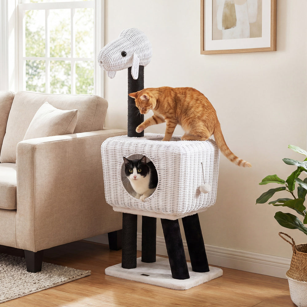 Lamb-shaped cat tower with rattan condo, featuring two doors and a plush cushion for indoor kittens' comfort and play.