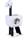 Lamb-shaped cat tower with rattan condo, double-door access, and plush cushion for indoor kittens in white.