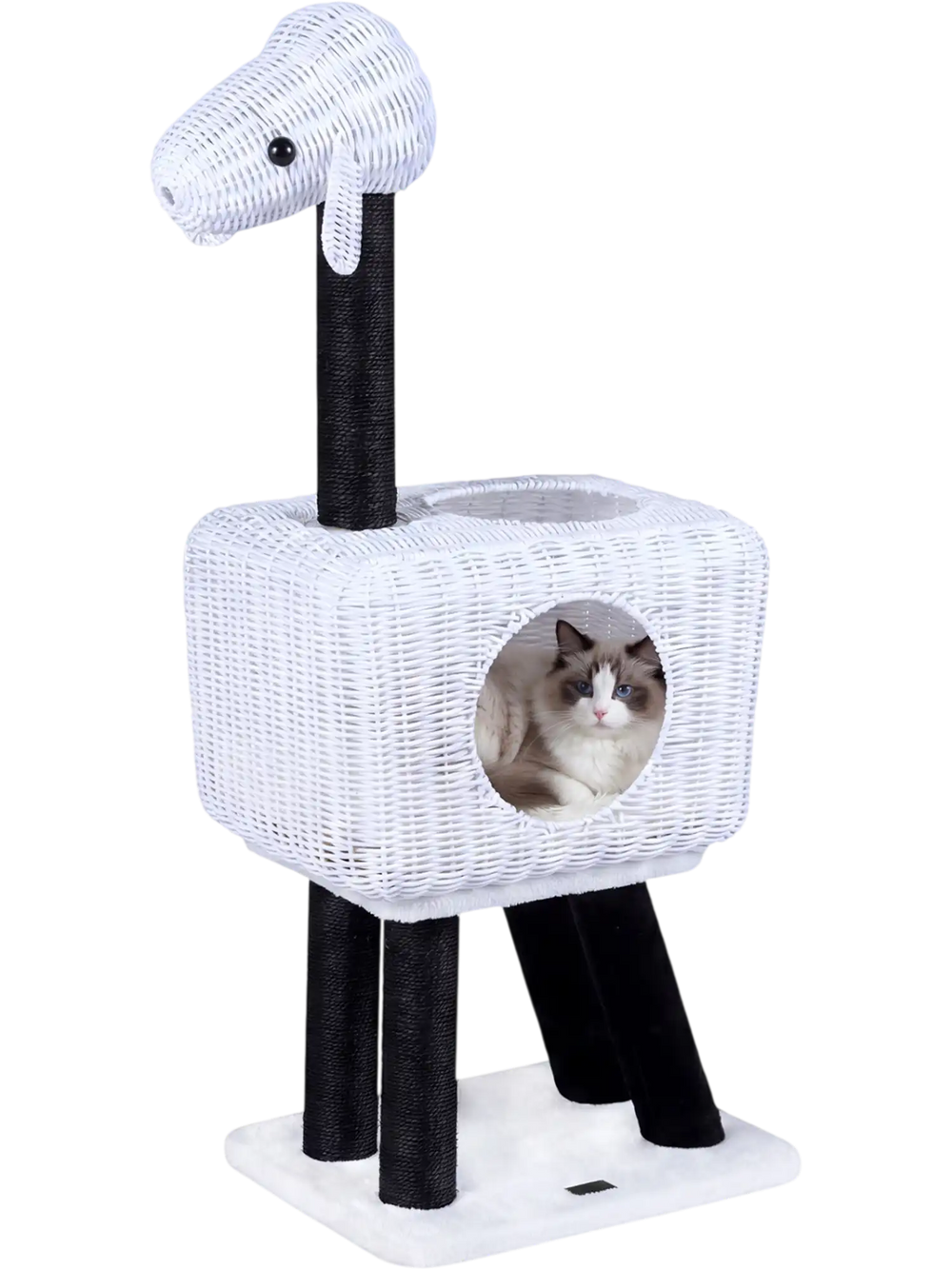 Lamb-shaped cat tower with rattan condo, double-door access, and plush cushion for indoor kittens in white.