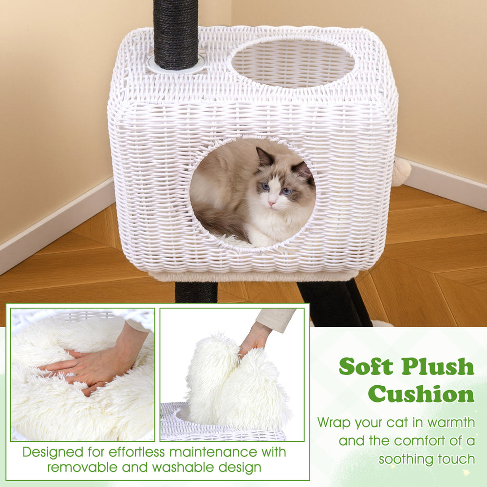 Cozy rattan condo with double doors and soft plush cushion for indoor kittens, designed for comfort and easy.