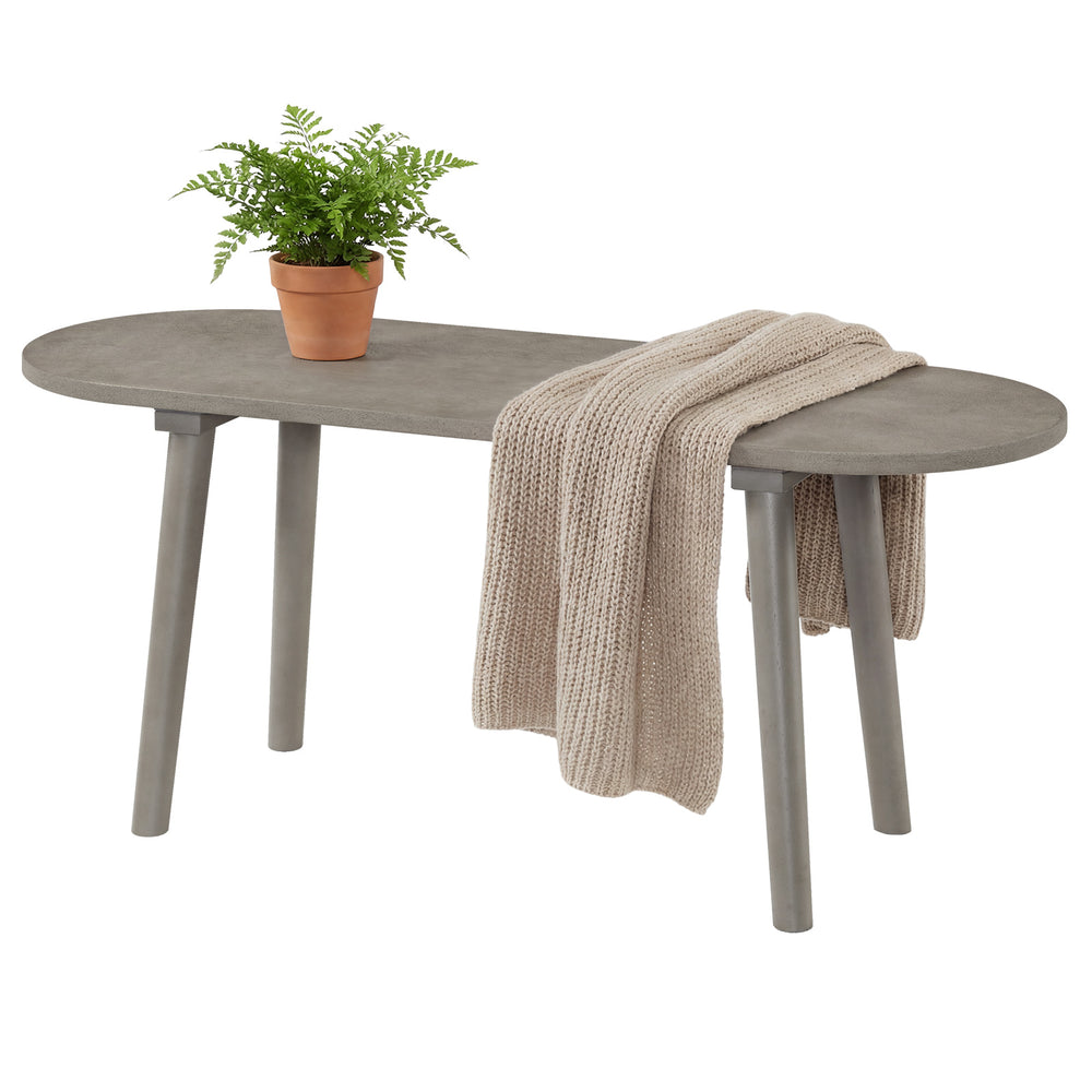 Gray 43-inch farmhouse dining bench with rubber wood legs, ideal for small spaces and versatile use in entryways or.