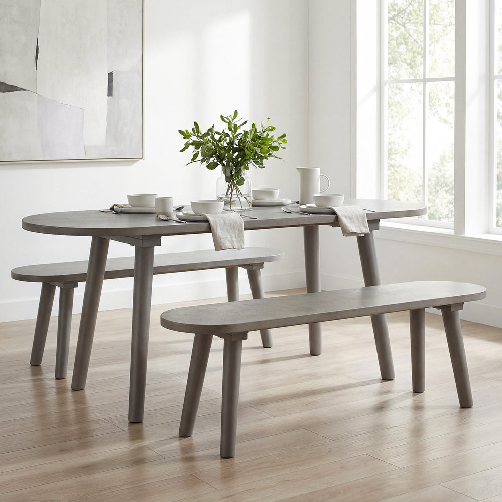 Gray solid wood farmhouse dining bench with rubber wood legs, ideal for small spaces and versatile seating options.