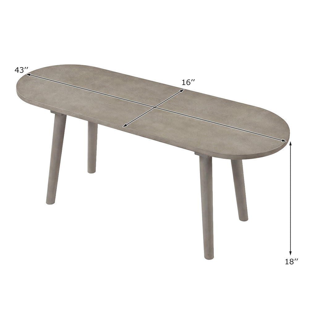 Gray 43-inch solid wood farmhouse dining bench with rubber wood legs, ideal for small spaces and versatile use.