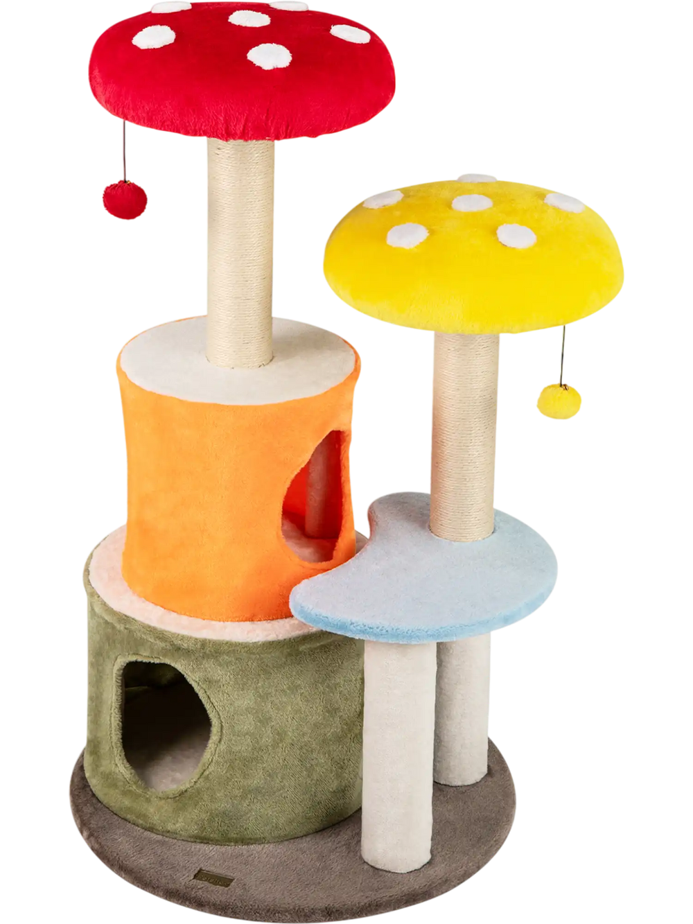 Colorful 43-inch tall cat tree with two condos, padded platforms, and playful mushroom design for climbing and resting.