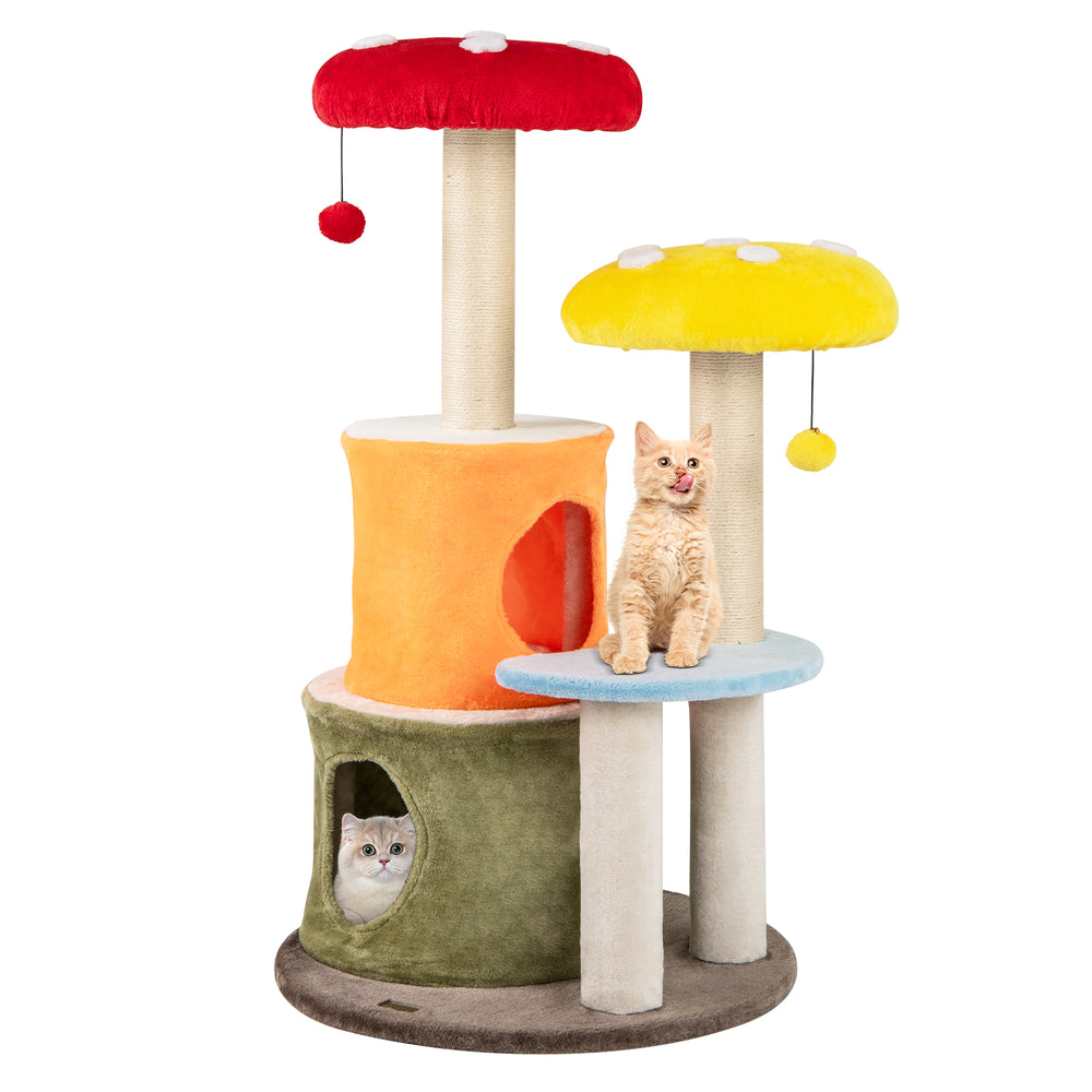 Colorful 43-inch tall cat tree with plush mushroom tops and natural sisal scratching posts for climbing and playtime.