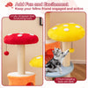 Colorful 43-inch tall cat tree with mushroom design, featuring 2 condos, padded platforms, and dangling balls for play.