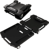 Foldable mechanic creeper in black with padded headrest, tool trays, and 6 universal casters for easy mobility.