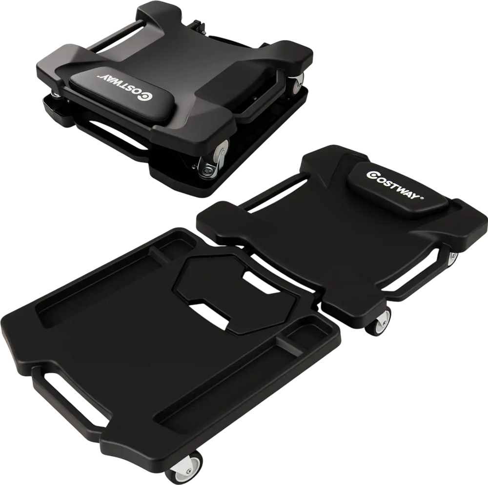 Foldable mechanic creeper in black with padded headrest, tool trays, and 6 universal casters for easy mobility.