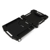 Foldable mechanic creeper in black with padded headrest and tool trays, designed for easy storage and transport.