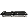 Foldable mechanic creeper with padded headrest, tool trays, and 350 lbs capacity, ideal for tight car spaces.