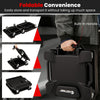 Foldable mechanic creeper with padded headrest, tool trays, and built-in handle for easy transport and storage.