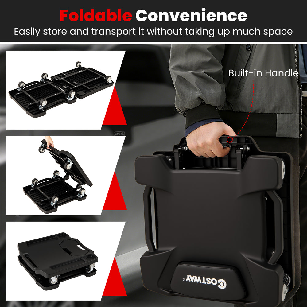 Foldable mechanic creeper with padded headrest, tool trays, and built-in handle for easy transport and storage.