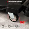 Close-up of the 360-degree universal casters on a black foldable mechanic creeper for smooth mobility and low noise.
