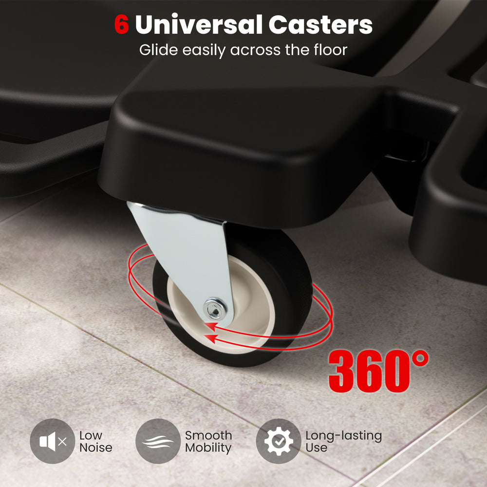 Close-up of the 360-degree universal casters on a black foldable mechanic creeper for smooth mobility and low noise.