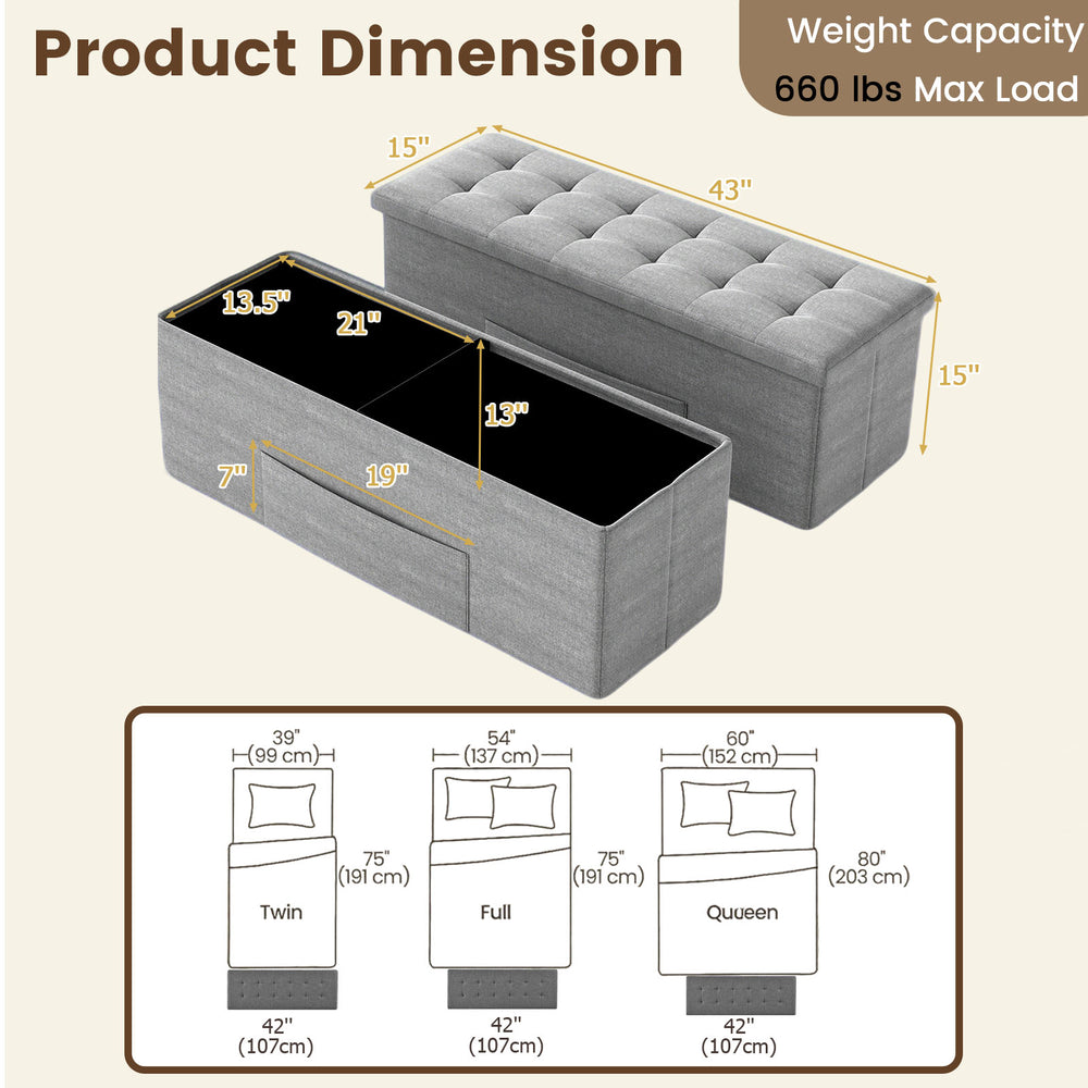 Folding storage ottoman bench in light gray with padded seat, 660 lbs capacity, ideal for bedroom or living room use.