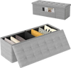 Light gray folding storage ottoman bench with padded seat and removable divider, perfect for bedroom or living room.