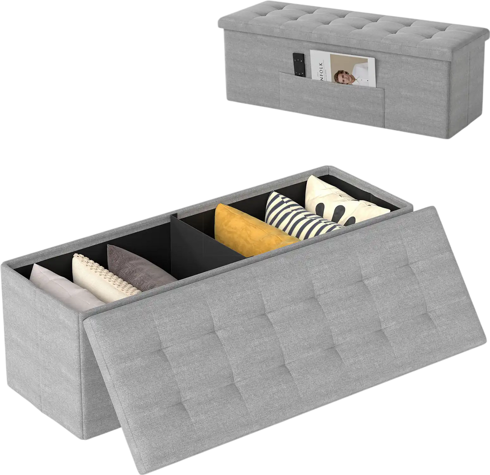 Light gray folding storage ottoman bench with padded seat and removable divider, perfect for bedroom or living room.