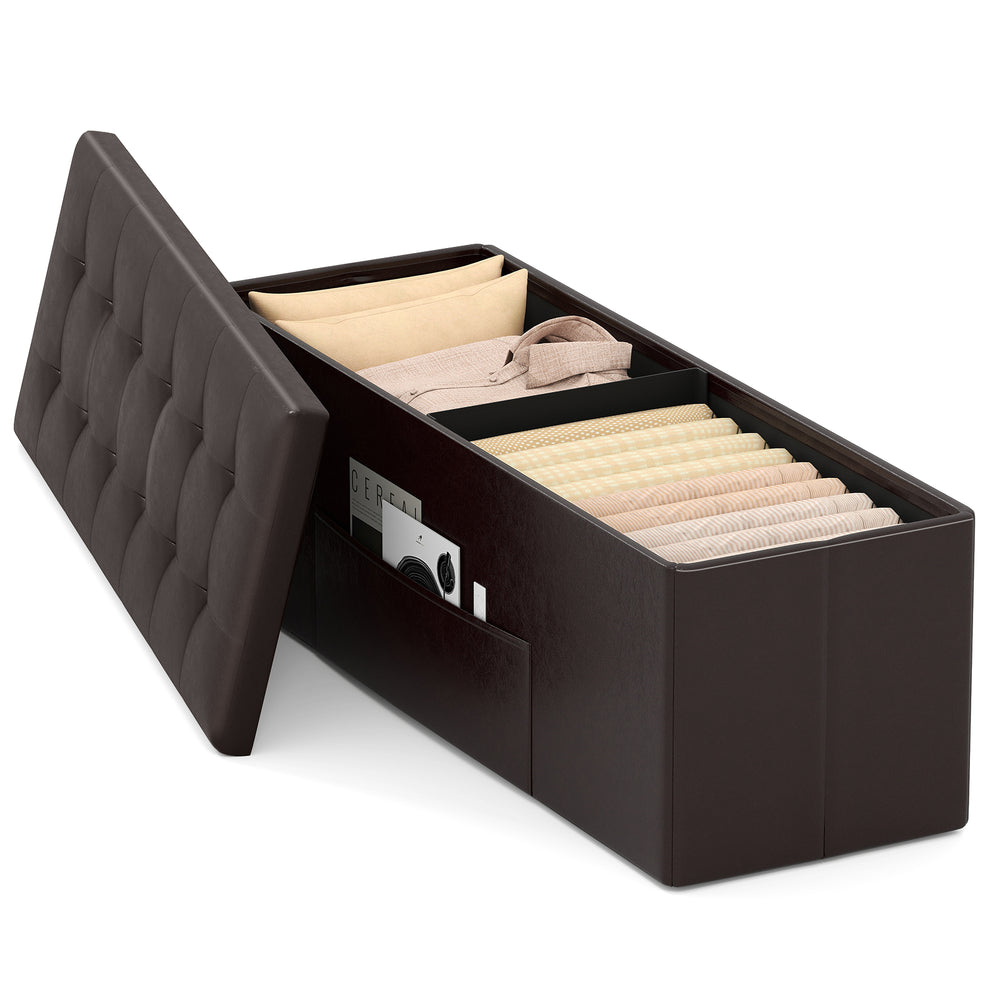 Folding storage ottoman bench in brown with removable divider, side pocket, and 38-gallon capacity for organized.