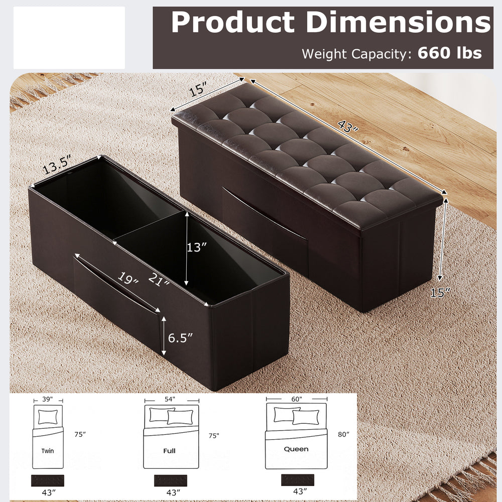 Folding storage ottoman bench in brown with removable divider, 43 inches, ideal for living room or bedroom organization.