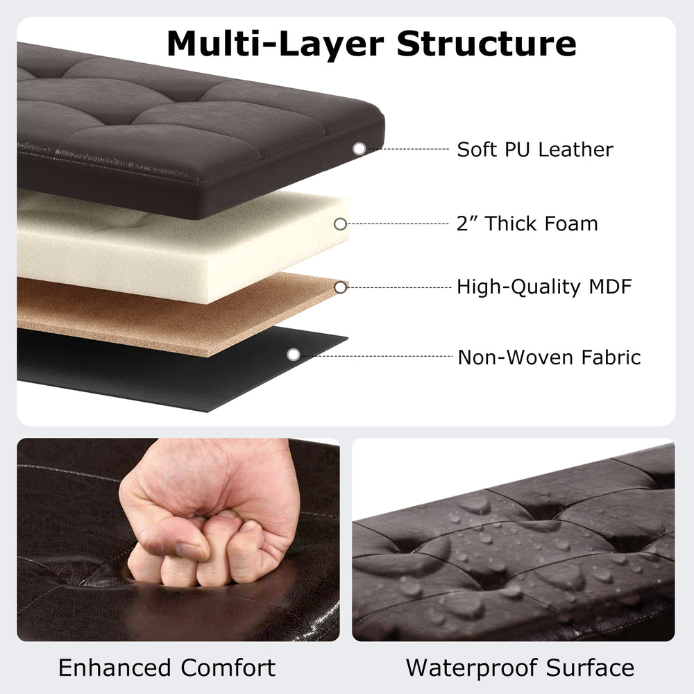 Multi-layer structure of the 43-inch brown folding storage ottoman with PU leather, foam padding, and MDF for comfort.