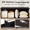 Folding storage ottoman bench in brown with 38-gallon capacity, removable divider, and side pocket for easy.