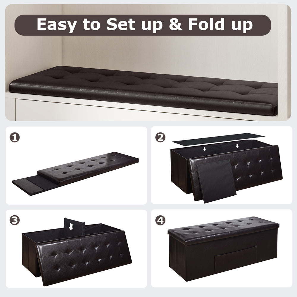 Folding storage ottoman bench in brown with removable divider, 38-gal capacity, ideal for living room or bedroom use.