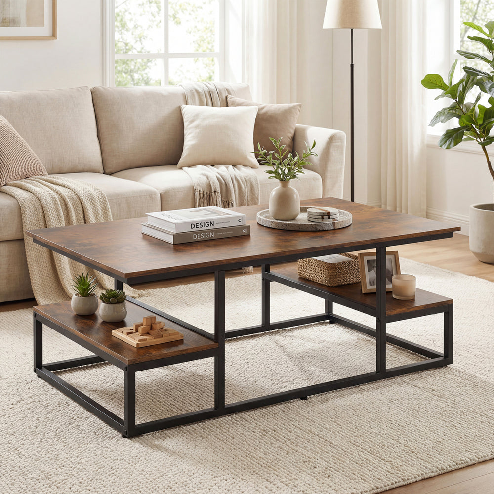Rectangle coffee table in rustic brown with open shelves and metal frame, perfect for living room organization.