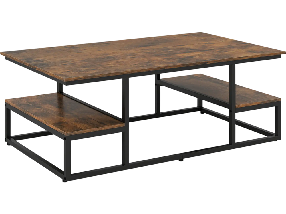 Rectangle coffee table in rustic brown with open shelves and metal frame, ideal for living room storage and.