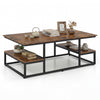 Rectangle coffee table in rustic brown with open shelves and metal frame, perfect for living room storage and style.