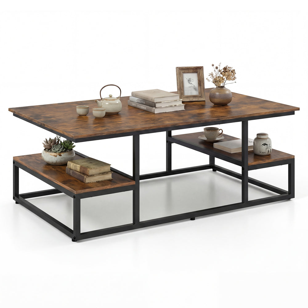 Rectangle coffee table in rustic brown with open shelves and metal frame, perfect for living room storage and style.