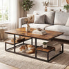 Rectangle coffee table in rustic brown with open shelves for storage, ideal for living room organization and style.