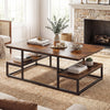 Rectangle coffee table with rustic brown finish, featuring open shelves for storage, ideal for living room use.