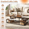 Rectangle coffee table with rustic brown finish, featuring open shelves and a wide tabletop for living room.